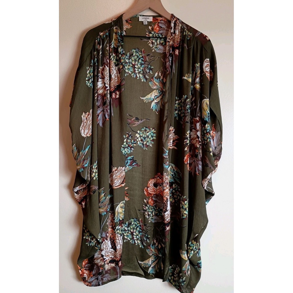 Umgee Olive Floral Kimono Cardigan Dolman Sleeve Boho Duster M/L